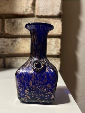 Vintage Cobalt Blue Art Glass With Rose Gold Aventurine Vase - Made In Italy 4"